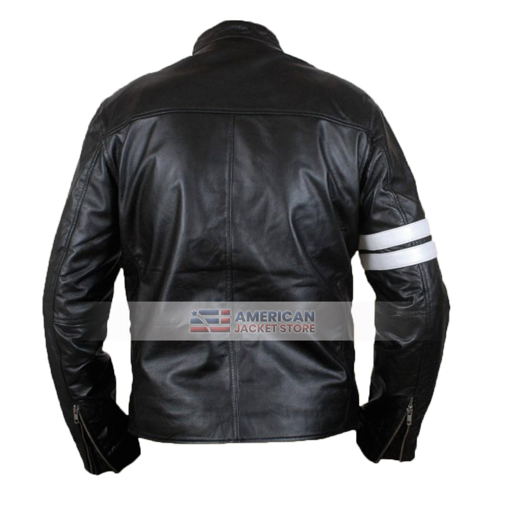 Francisco Driver White Straps Black Leather Jacket - American Jacket Store