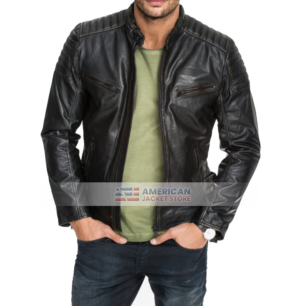 Mens David Distressed Quilted Black Leather Jacket - American Jacket Store