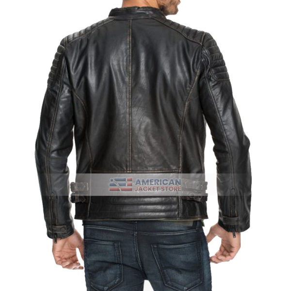 Mens David Distressed Quilted Black Leather Jacket - American Jacket Store