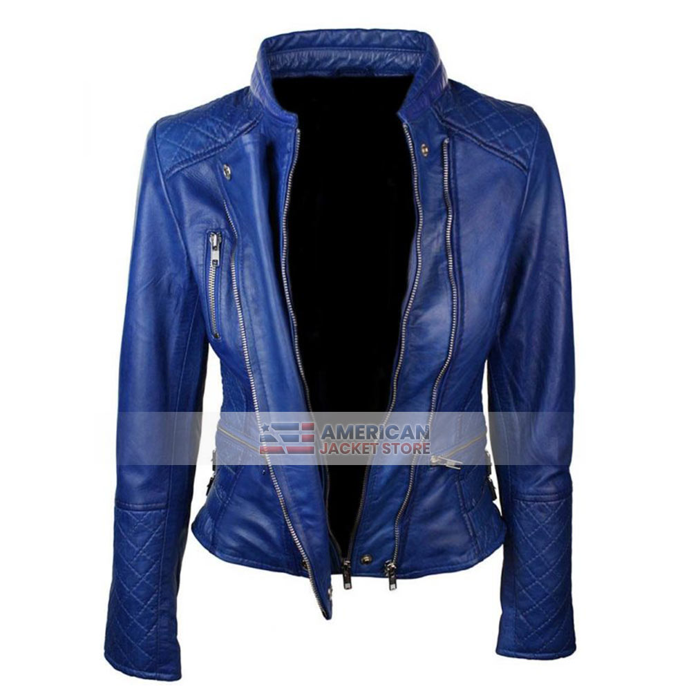 Womens Slim fit Quilted Blue Leather Jacket - American Jacket Store