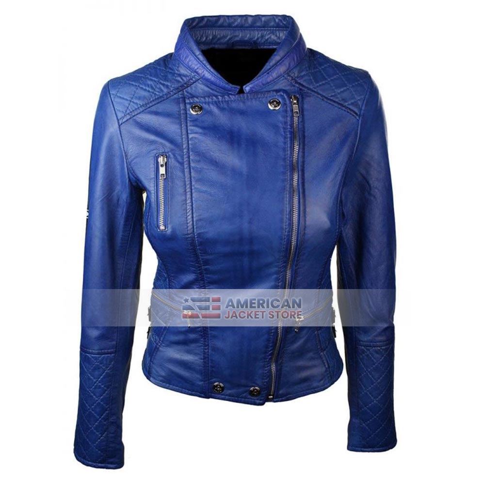Womens Slim fit Quilted Blue Leather Jacket - American Jacket Store