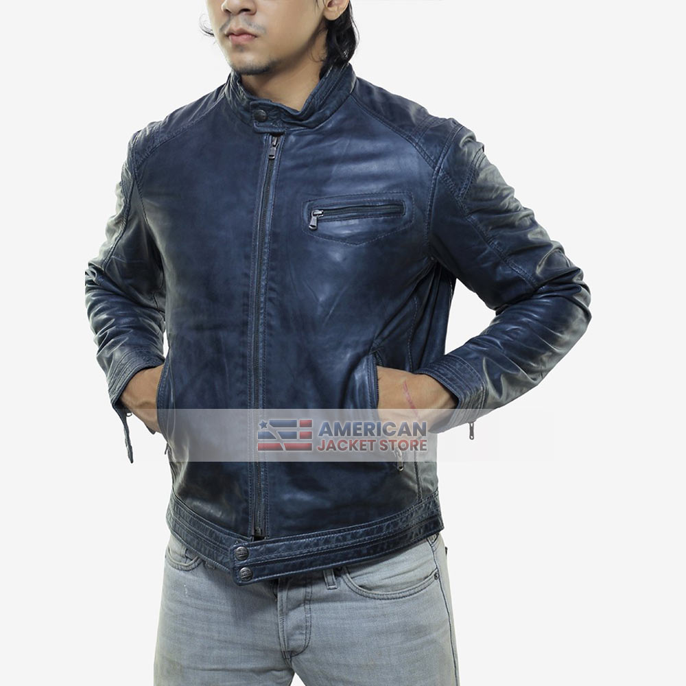 Lucca Mens Cafe Racer Distressed Blue Leather Jacket - American Jacket ...