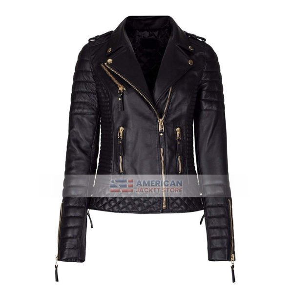 Women Diamond Quilted Black Biker Leather Jacket