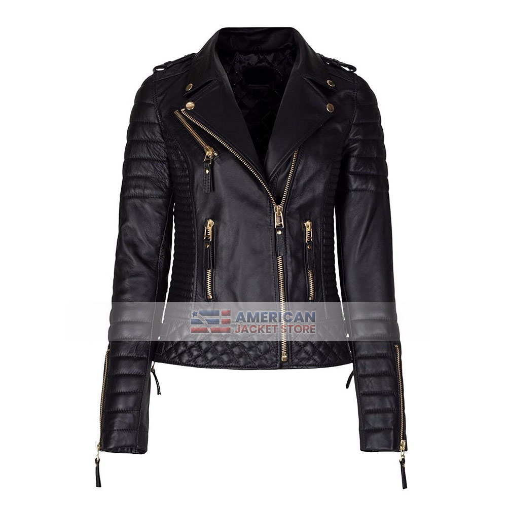 Women Diamond Quilted Black Biker Leather Jacket - American Jacket Store