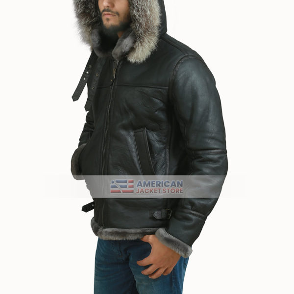 B3 Raccoon Fur Hooded Shearling Leather Jacket - American Jacket Store