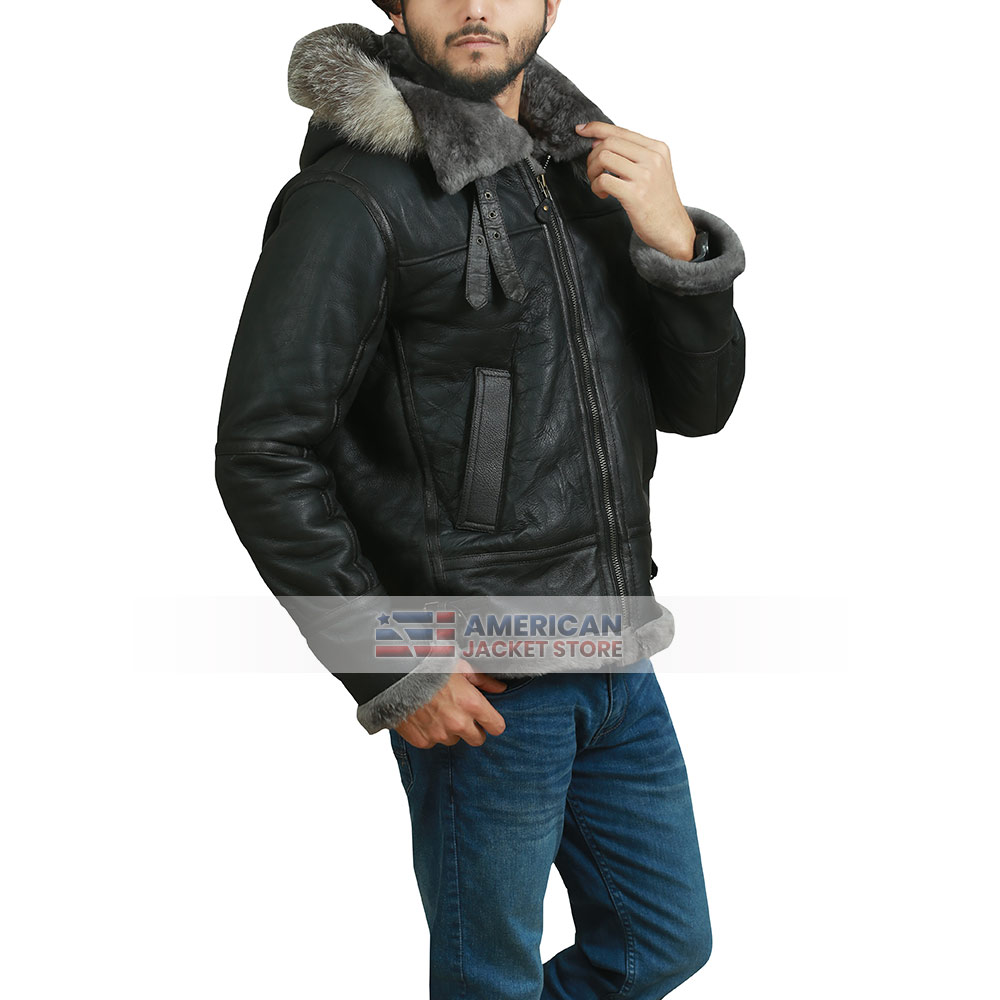 B3 Raccoon Fur Hooded Shearling Leather Jacket - American Jacket Store