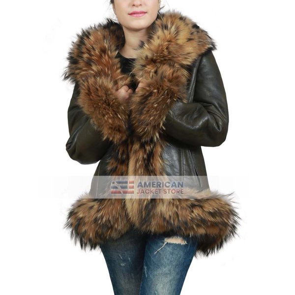 Womens Raccoon Fur Brown Leather Jacket