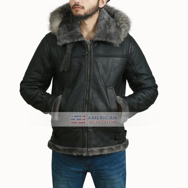 B3 Raccoon Fur Hooded Shearling Leather Jacket