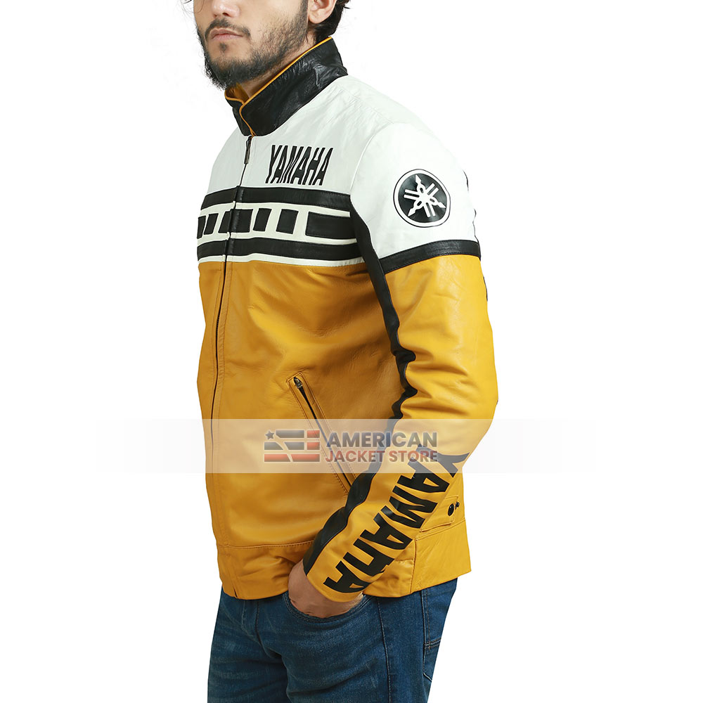 Mens Yamaha Motorcycle Racing Yellow Leather Jacket - American
