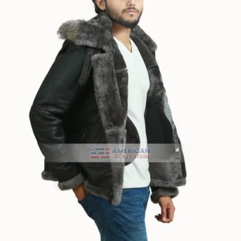 Mens B3 Raccoon Fur Hooded Real Sheepskin Shearling Leather Jacket