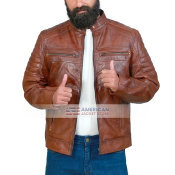 Mens Brown Distressed Cafe Racer Leather Jacket