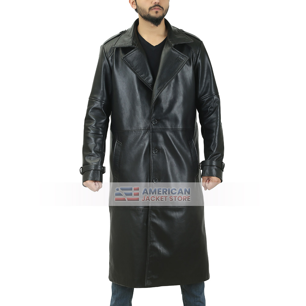 American Nick Trench Coat High Quality Black Long Leather Jacket ...