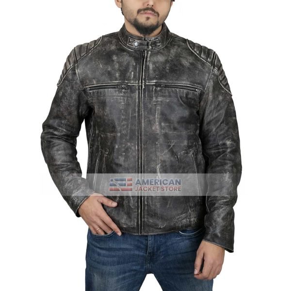 Distressed Real Leather Motorcycle Jacket Slimfit Cafer Racer Jacke