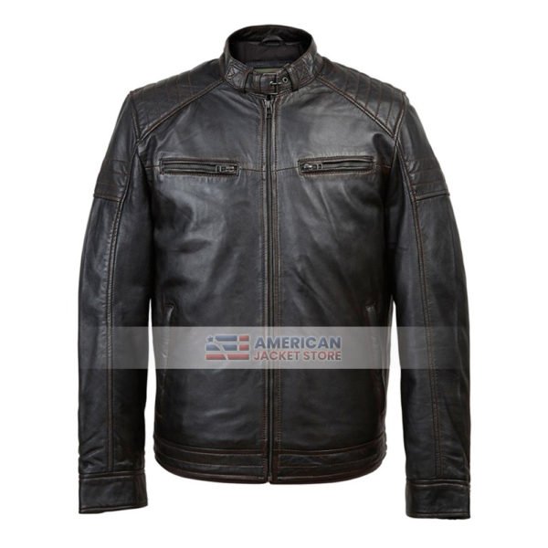 Mens Quilted Shoulder Biker Leather Jacket