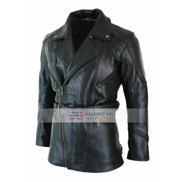 Mens Black Long Length Leather Jacket for Mens