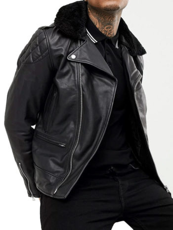 Biker Jacket Black with Fur Collar for Men