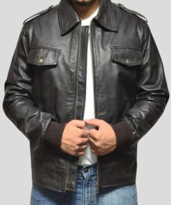 Men's Casual Black Leather Bomber Jacket