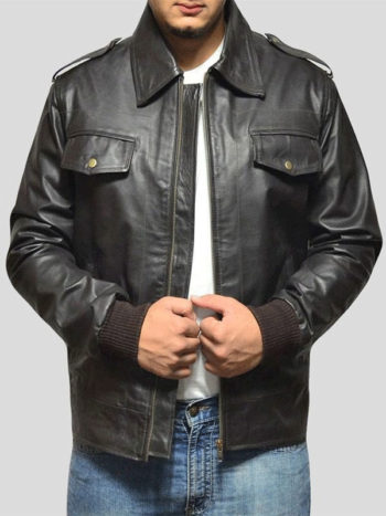 Men's Casual Black Leather Bomber Jacket