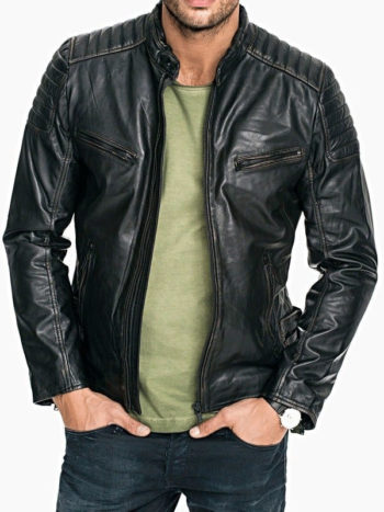 Men's Quilted Distressed Black Leather Jacket