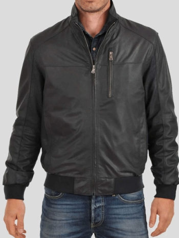 Leather Bomber Jacket For Men's Standing Collar