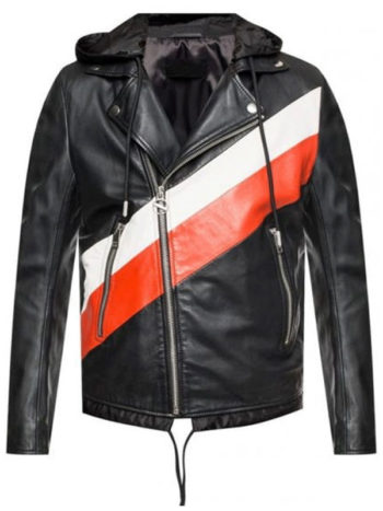 Men's Striped Leather Hooded Biker Jacket