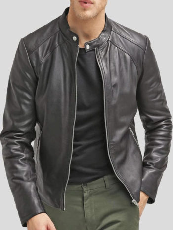 Slim Fit Cafe Racer Black Leather Jacket for Men