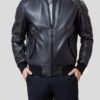 Rib Knitted Collar Black Leather Bomber Jacket