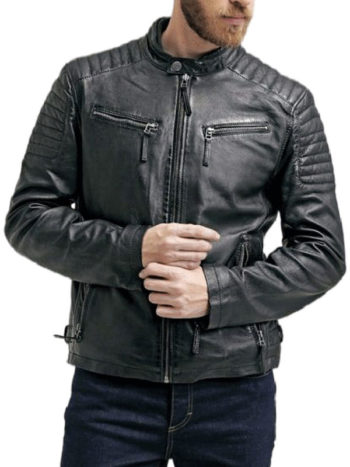 Slim-fit Quilted Men's Black Leather Jacket