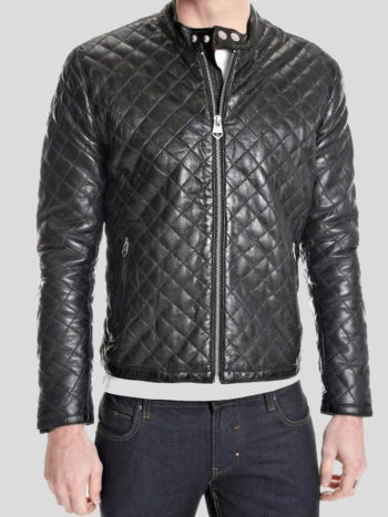 Snap tab Collar Quilted Leather Jacket for Men
