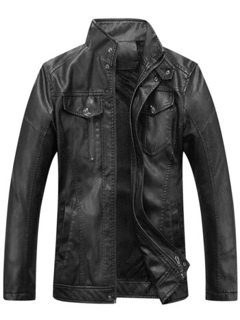 Standing Collar Vintage Black Leather Jacket for Men