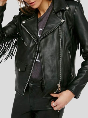 Black Leather Fringe Jacket For Women's