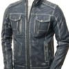 Men's Blue Leather Biker Jacket