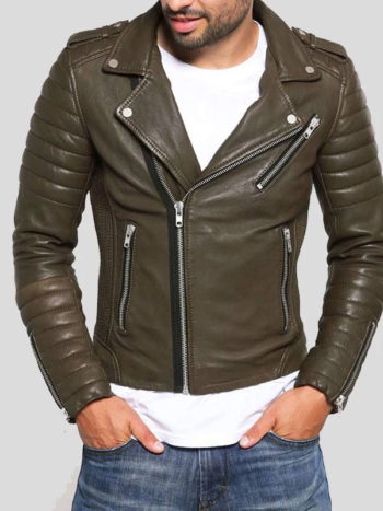 Quilted Brown Leather Biker Jacket For Men