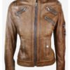 Vintage Brown Leather Moto Jacket For Women