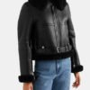 Womens Aviator Cropped Black Leather Jacket