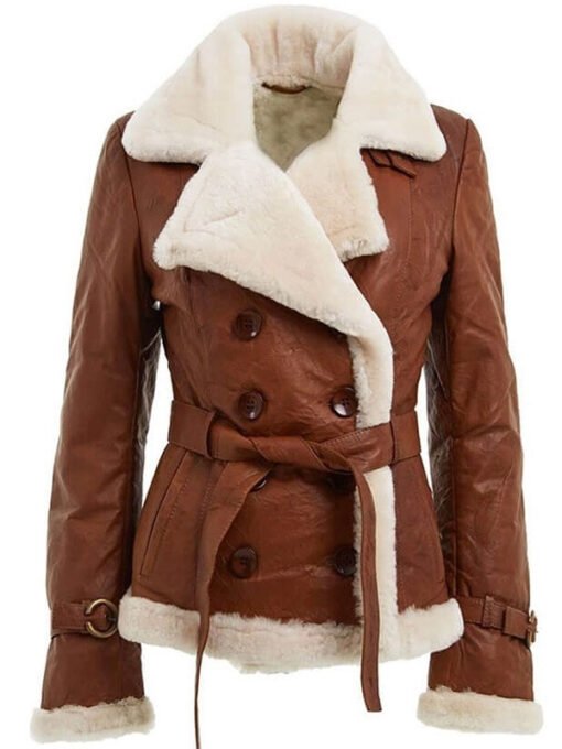 Women’s Double Breasted Brown Shearling Leather Jacket