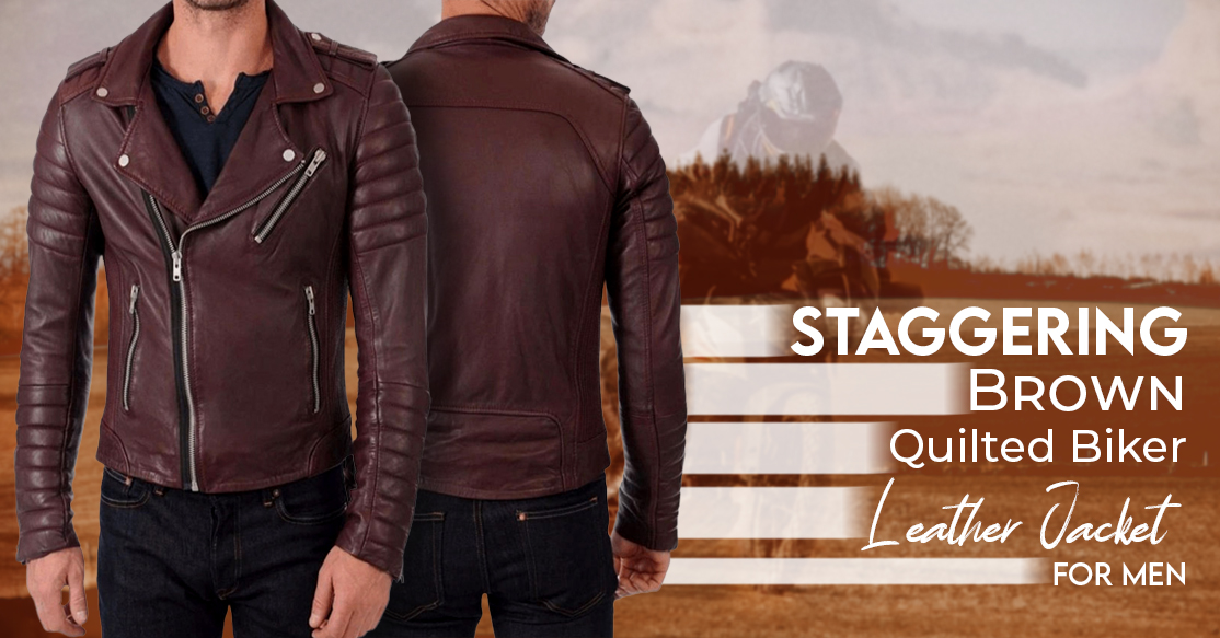 Brown Quilted Biker Leather Jacket For Men